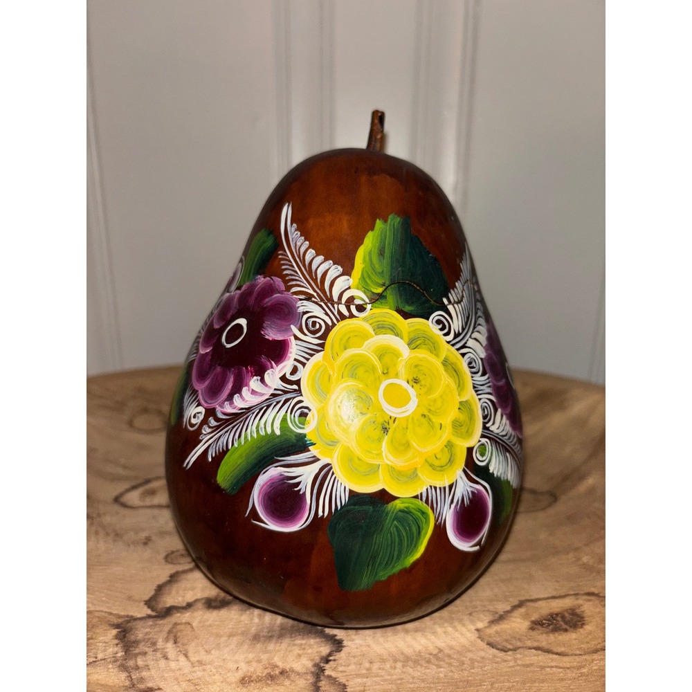 Vintage Hand Painted Floral Dried Gourd Pear Shaped Trinket Box Folk Art 6‎ Inch